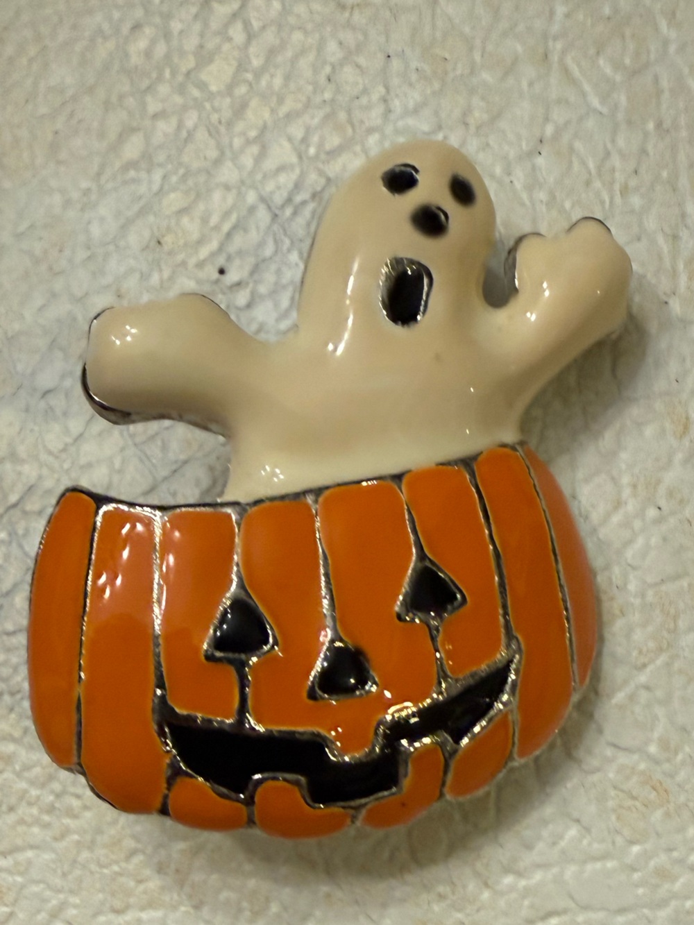 Halloween Ghost in Pumpkin enamel brooch - White and Orange - Picture 8 of 8